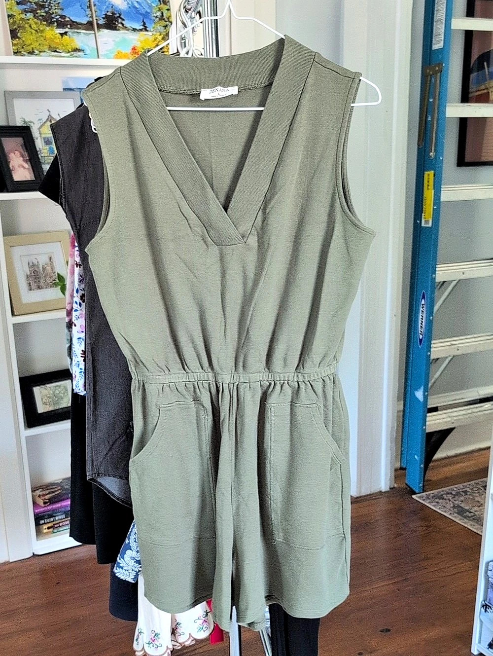 ZENANA Sleeveless V-Neck Pocket Romper Olive Size Large